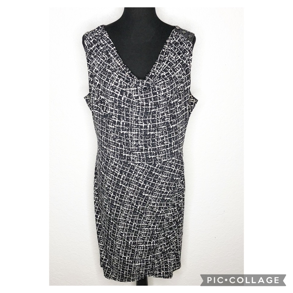 WHBM black white cowl neck ruched side sleeveless sheath dress size 12
